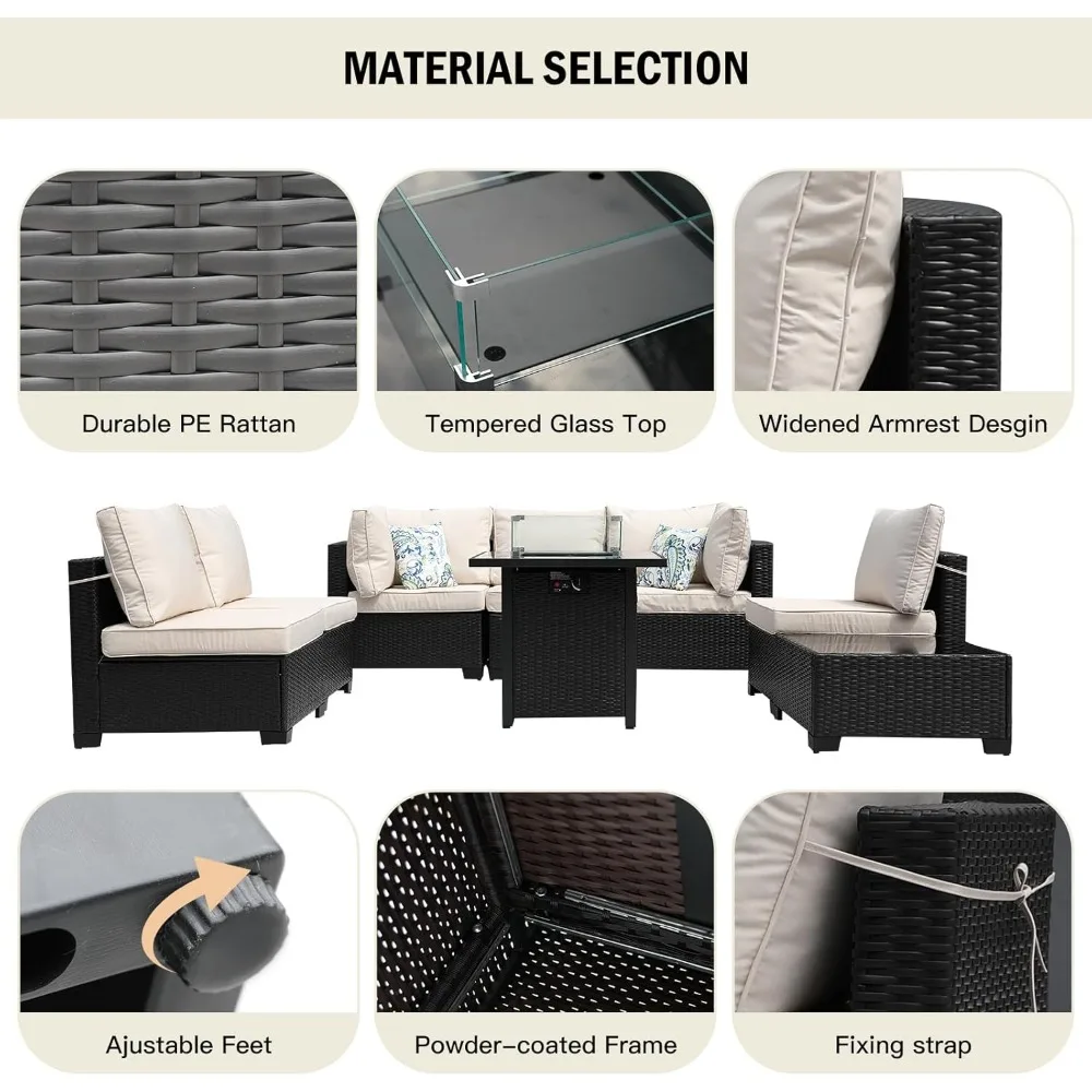 Outdoor Furniture Fire Pit - 8-częściowy zestaw mebli ogrodowych z rattanu,