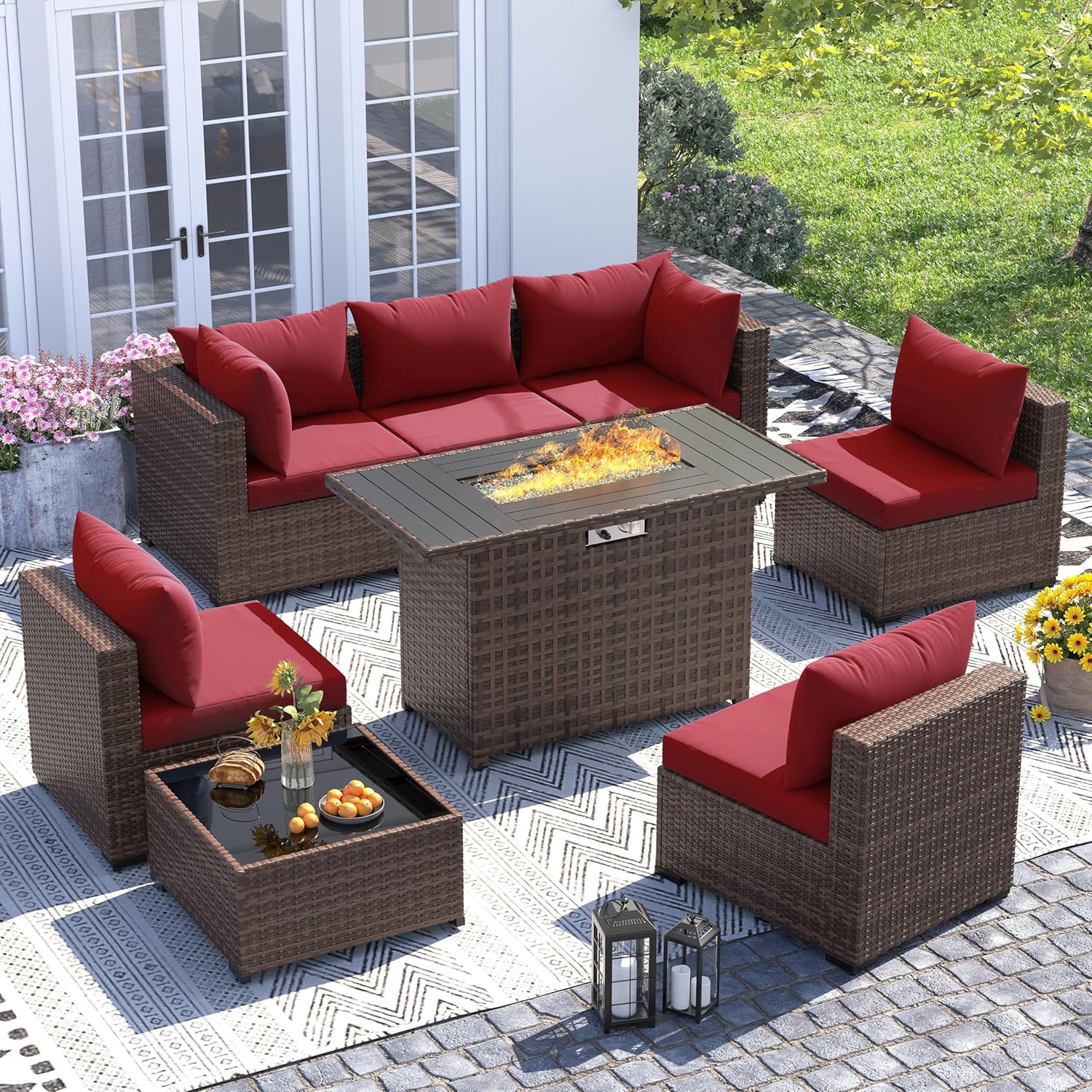 Outdoor Furniture Fire Pit - 8-częściowy zestaw mebli ogrodowych z rattanu
