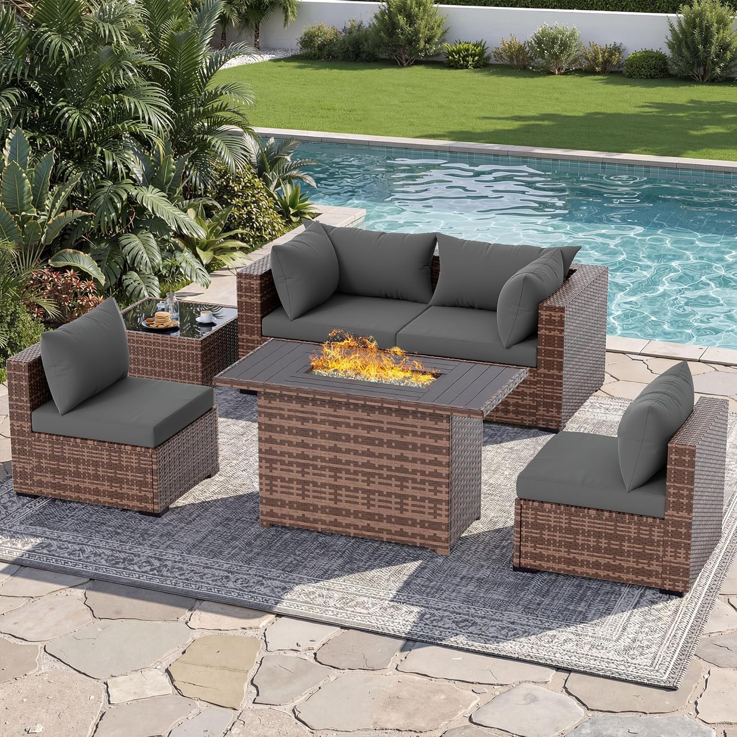 Outdoor Furniture Fire Pit - 5-częściowy zestaw mebli ogrodowych z sofą