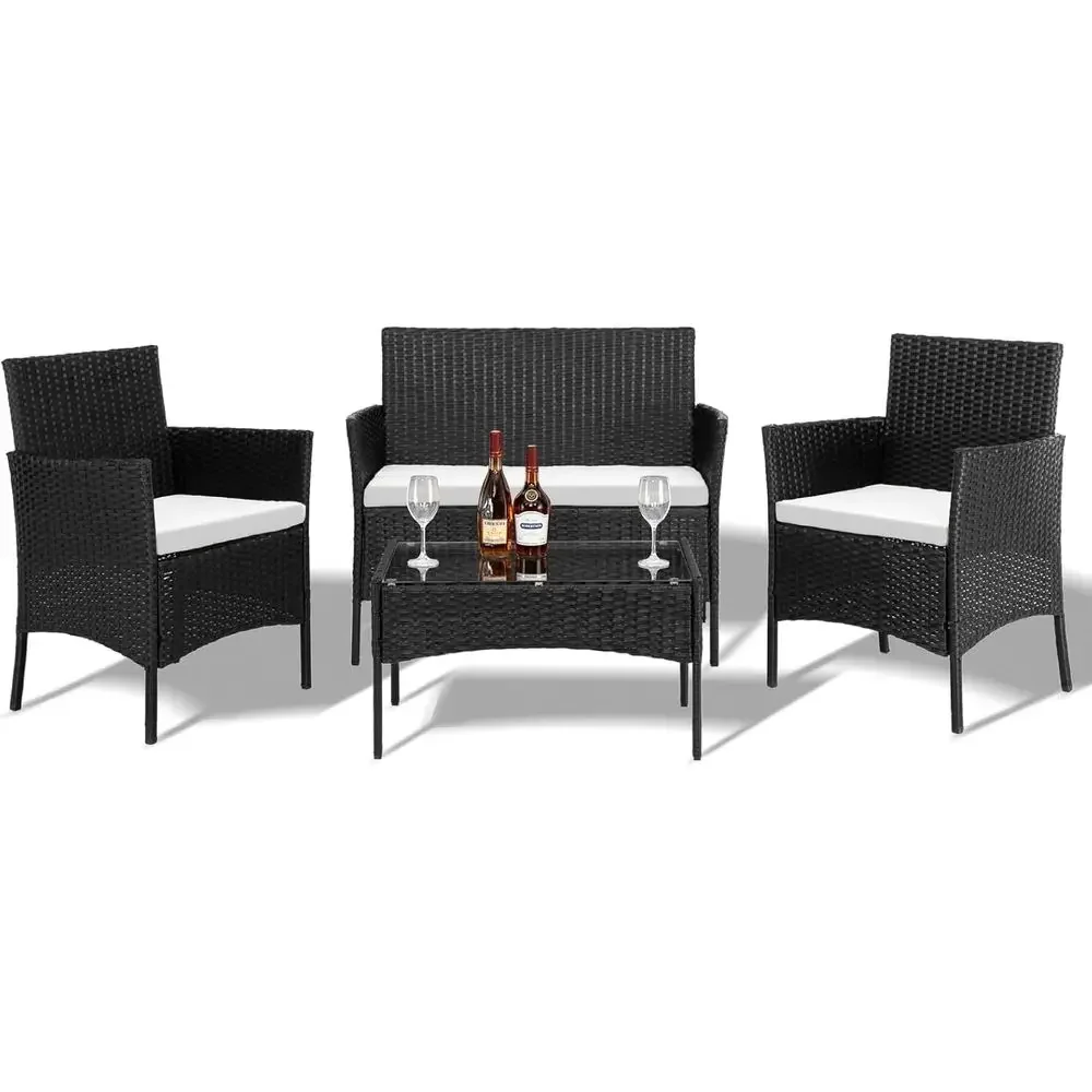 Outdoor Furniture Loveseat - 4-częściowy zestaw mebli ogrodowych: czarna rattanowa