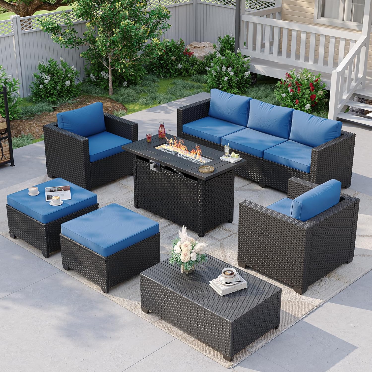 Outdoor Furniture Fire Pit - Granatowy narożnik ogrodowy z paleniskiem i